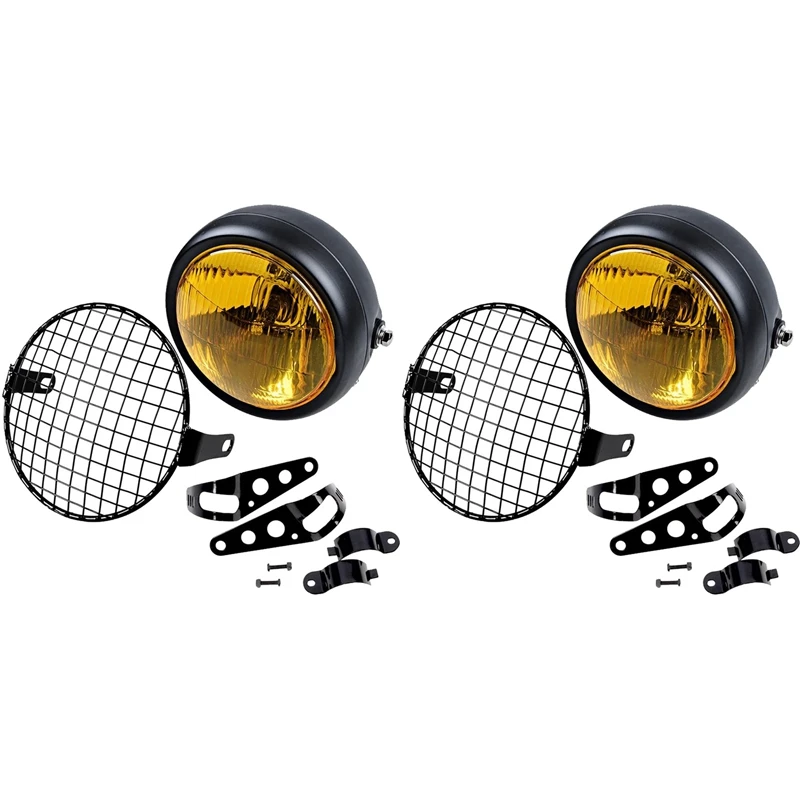 

2X Retro Vintage Motorcycle Universal Side Mount 35W 6.5 Inch Amber Headlight Café Racer With Grille + Bracket Kit