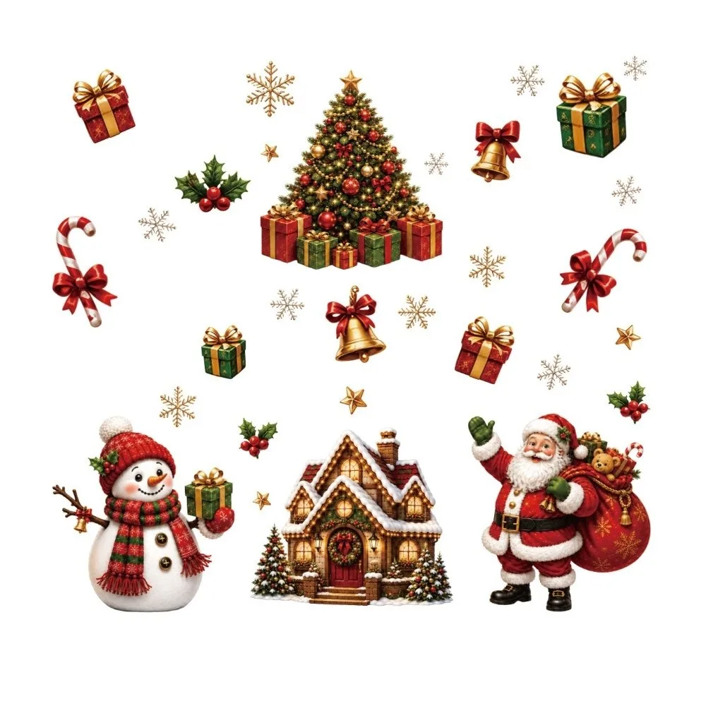 2Pcs/Set Santa Snowman Designs Christmas Window Stickers Snowflake Pattern Reusable Christmas Window Static Clings PVC