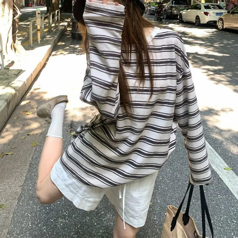 American Retro Contrasting Colors T-shirts Spring Autumn Striped Women's Clothing Fashion Loose Casual Long Sleeve Pullovers New