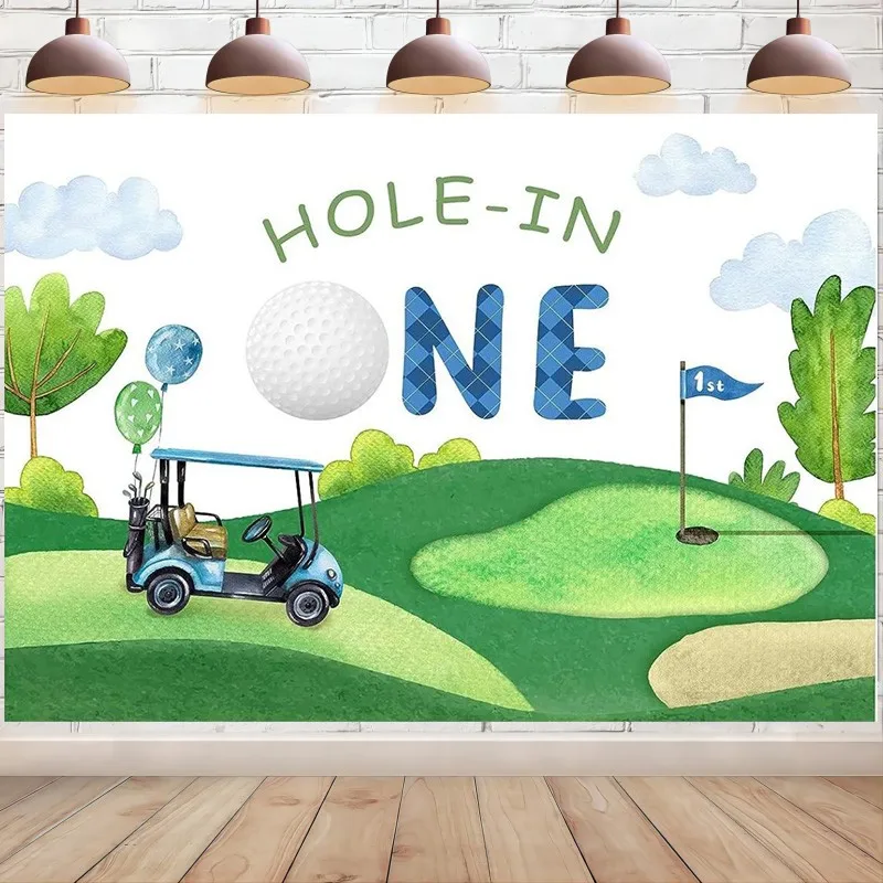 

Hole in One 1st Birthday Backdrop Watercolor Blue White Clouds Grass Golf Sport Party Decoration Photography Background Banner