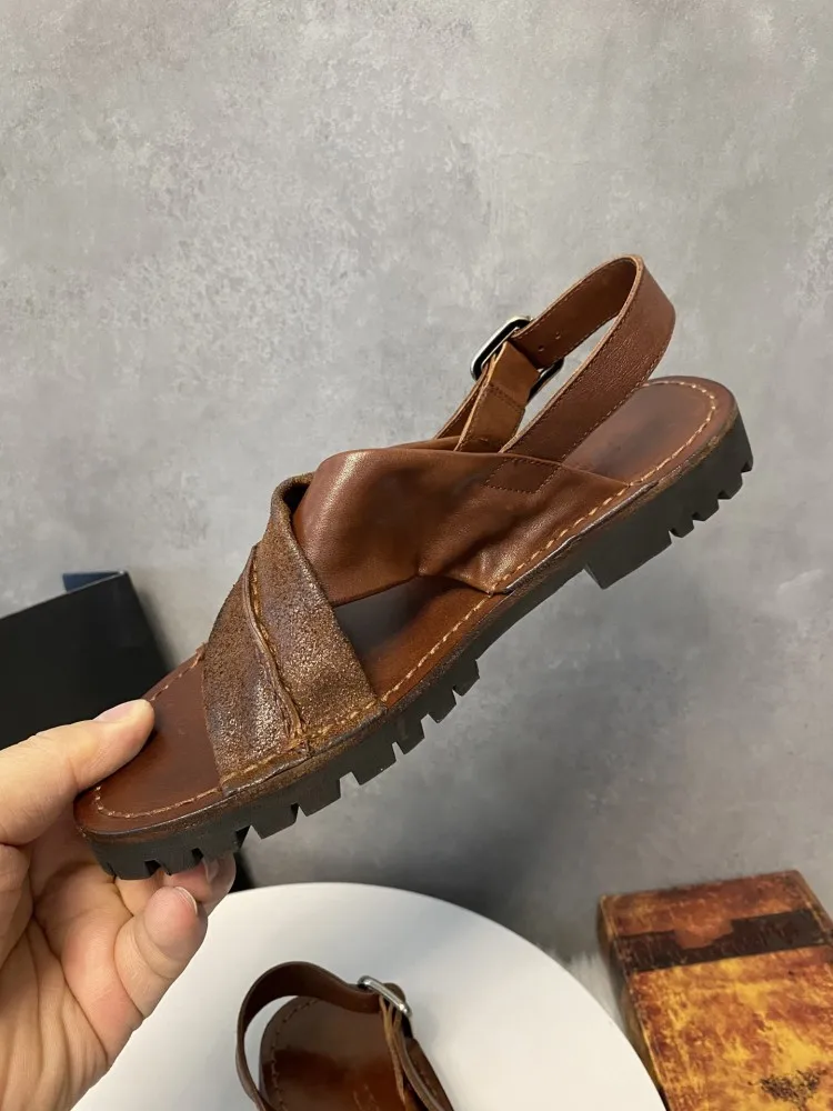 Vintage Womens Cowhide Genuine Leather Brown Sandal Comfortable Open Toe Roman Sandals Summer Fashion Ladies Casual Flat Shoes