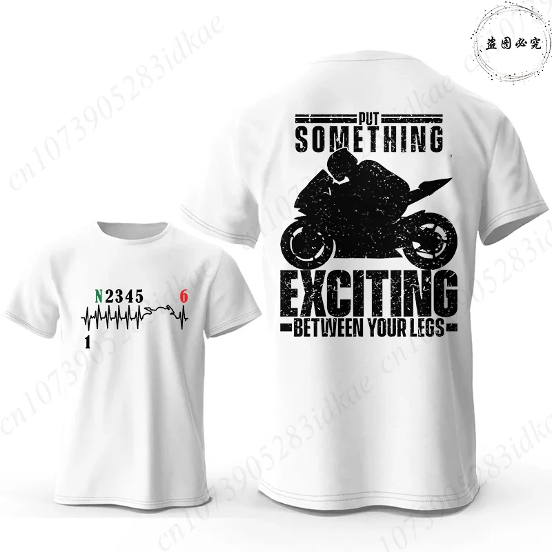 Men's Vintage Print Motorcycle T-Shirt, Gear Shift ECG & Exciting Motorbike Slogan Graphic Tees, Summer Short Sleeve for Bikers