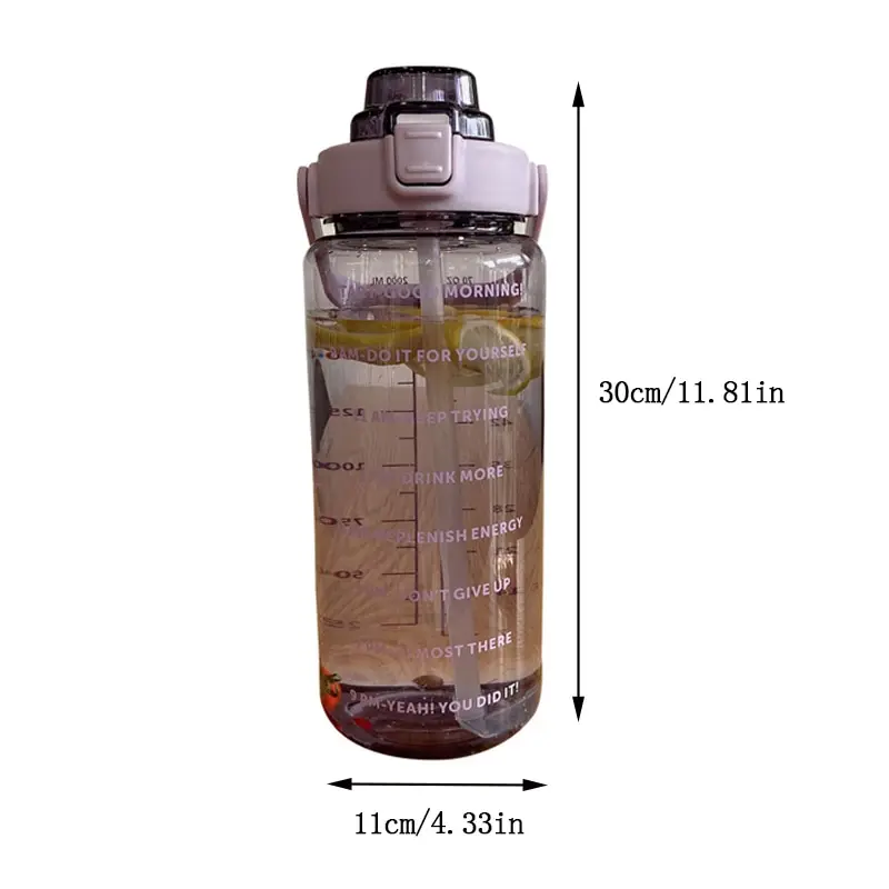 2L taşınabilir su şişesi büyük kapasiteli plastik saman su bardağı içme şişesi açık spor Fitness sağlık için zaman işaretleyici ile