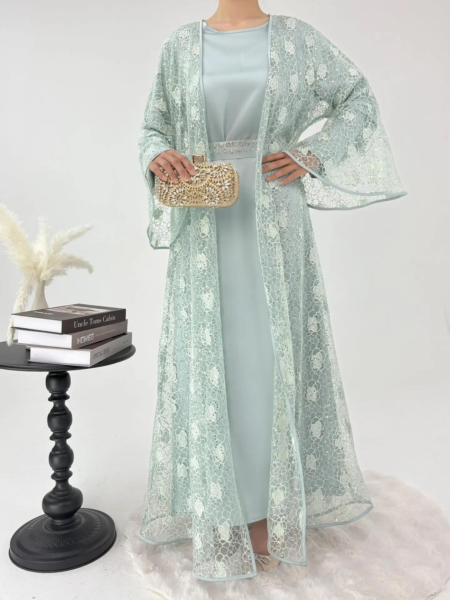 

Muslim Women Lace Kimono Open Out Abayas with Inner Dress Two Piece Set Ramadan Dubai Kaftan Turkey Robe Marocain Femme Jalabiya