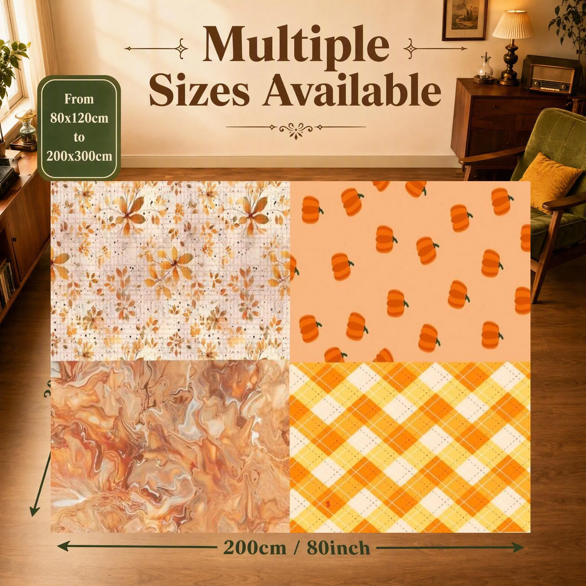 Floral, Pumpkin and Diamond Multi-Pattern Retro Warm Halloween Thanksgiving Velvet Rug for Bedroom, Living Room and Entryway