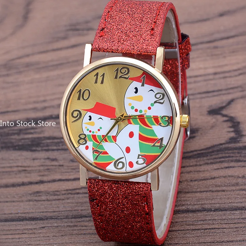 Christmas Snowman Women\'s Watches Casual Quartz Wristwatches Bright Color Leather Strap Quartz Watches Ladies Watch Reloj Mujer