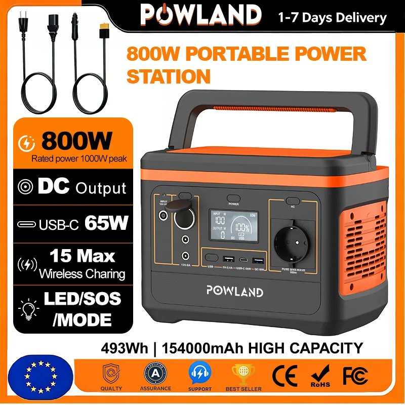 POWLAND 800W Przenośna Stacja Zasilania 1000W Peak 493Wh 154000mAh Generator Solarny z Czystą Sinusoidalną Falą, 65W USB C, 15W Bezprzewodowe Ładowanie do Kempingu, RV, Domu, Awaryjnego Zasilania