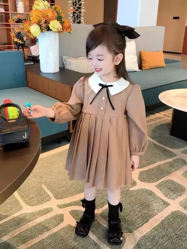 Baby Girls Khaki Pleated Dress Peter Pan Collar Casual Dresses 2024 New Arrival Children Spring Autumn Solid Dress Cute Clothes