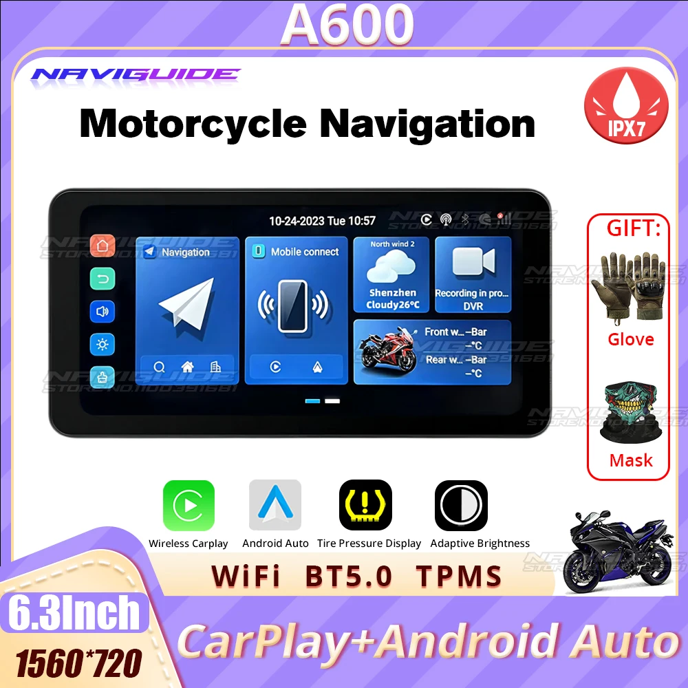 NAVIGUIDE A600 6.3'' Android 12 carplay motorcycle Wireless CarPlay&Android Auto Portable Moto LCD Display IPX7 WiFi 1560*720 BT