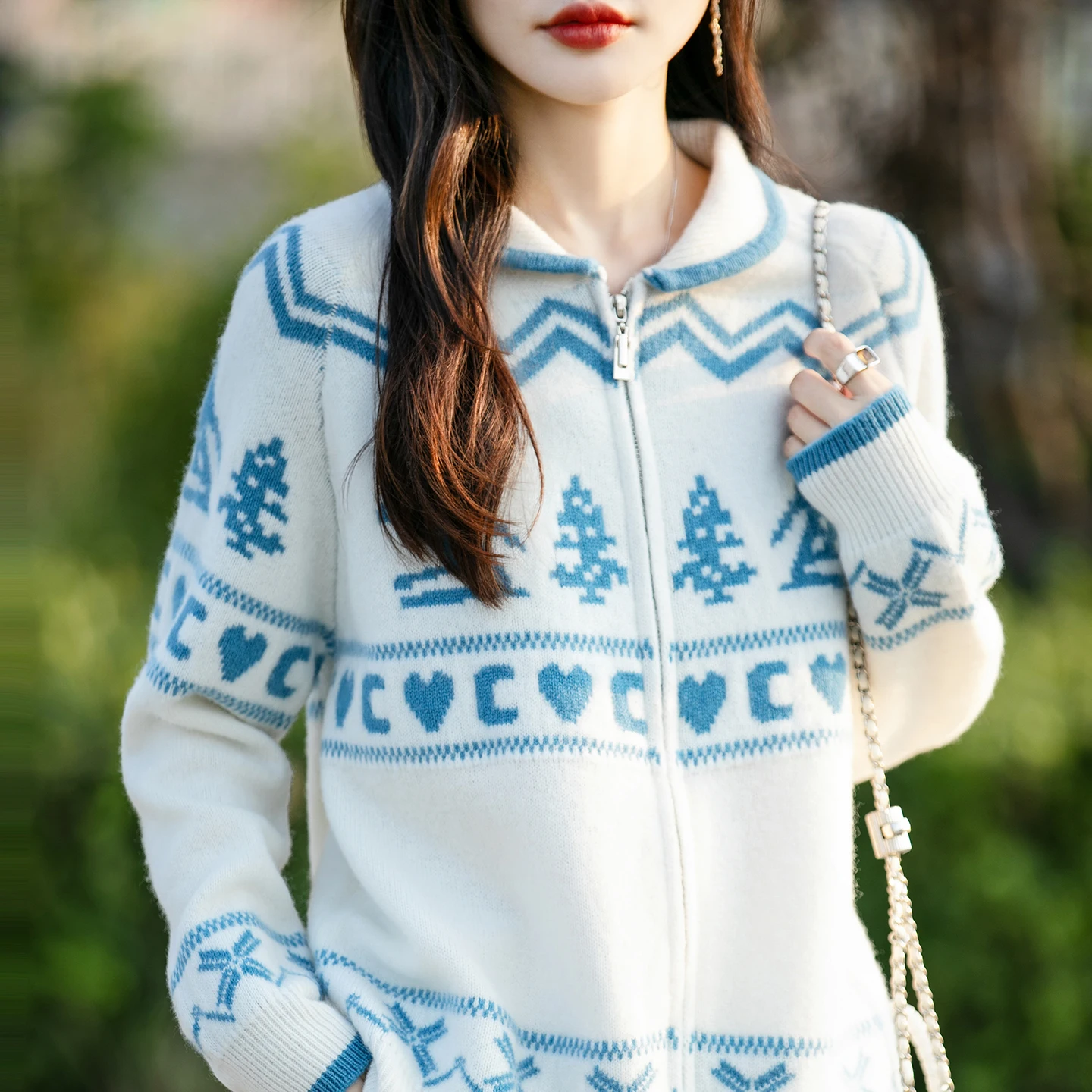 

Осень/зима, кардиган из 100% чистой шерсти, женский толстый молния, модный темпераментный жаккардовый вязаный свитер соответствующего цвета, пальто