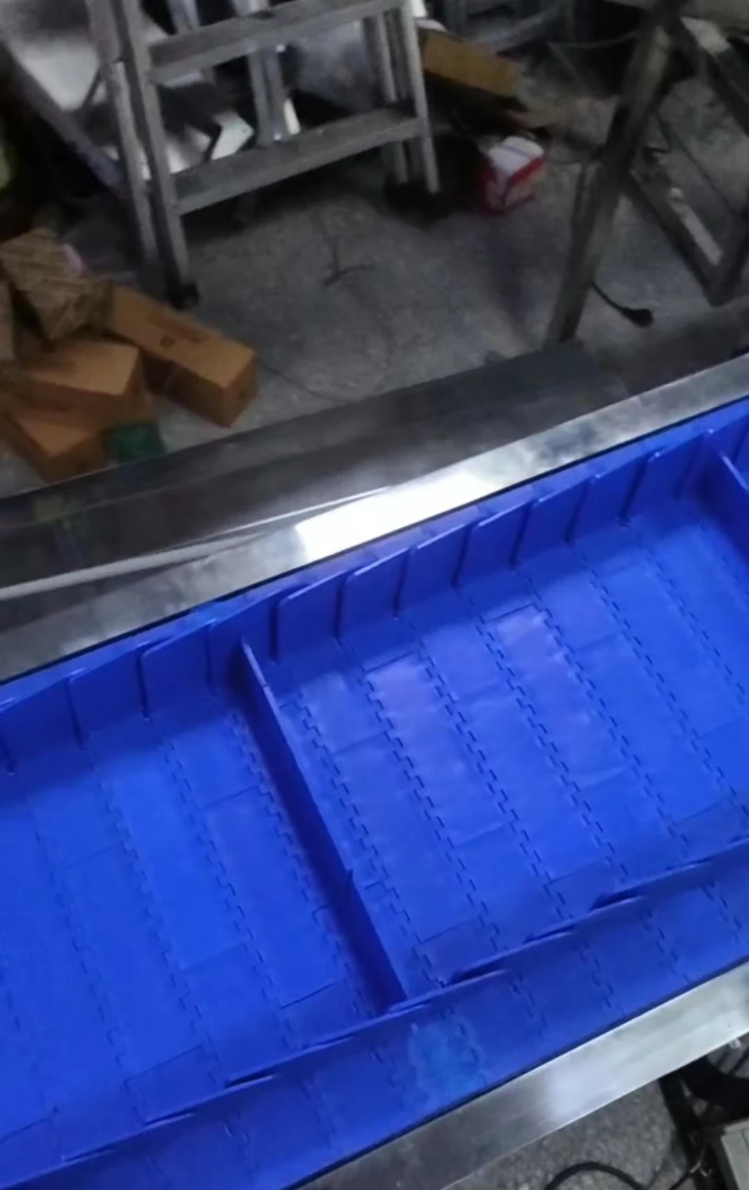 Custom-made Blue Polyurethane Conveyor Belt With Side Wall Is Used To Convey Food Obliquely.