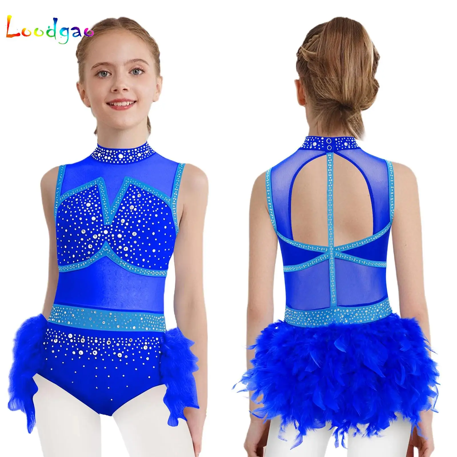 

Kids Girls Shiny Feather Ballet Jersey Tulle Skirted Leotard Costume Gymnastics Figure Skating Latin Jazz Performance Costume