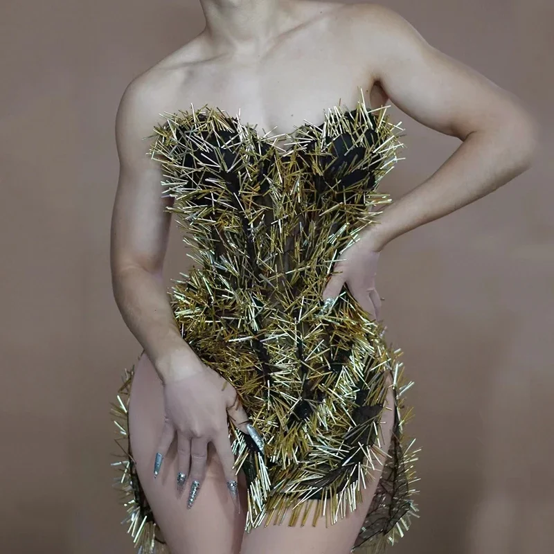 

Gold Hedgehog Needle Dress Women Party Evening Dresses Drag Queen Costumes Rave Outfit Nightclub Dj Ds Pole Dance Dress