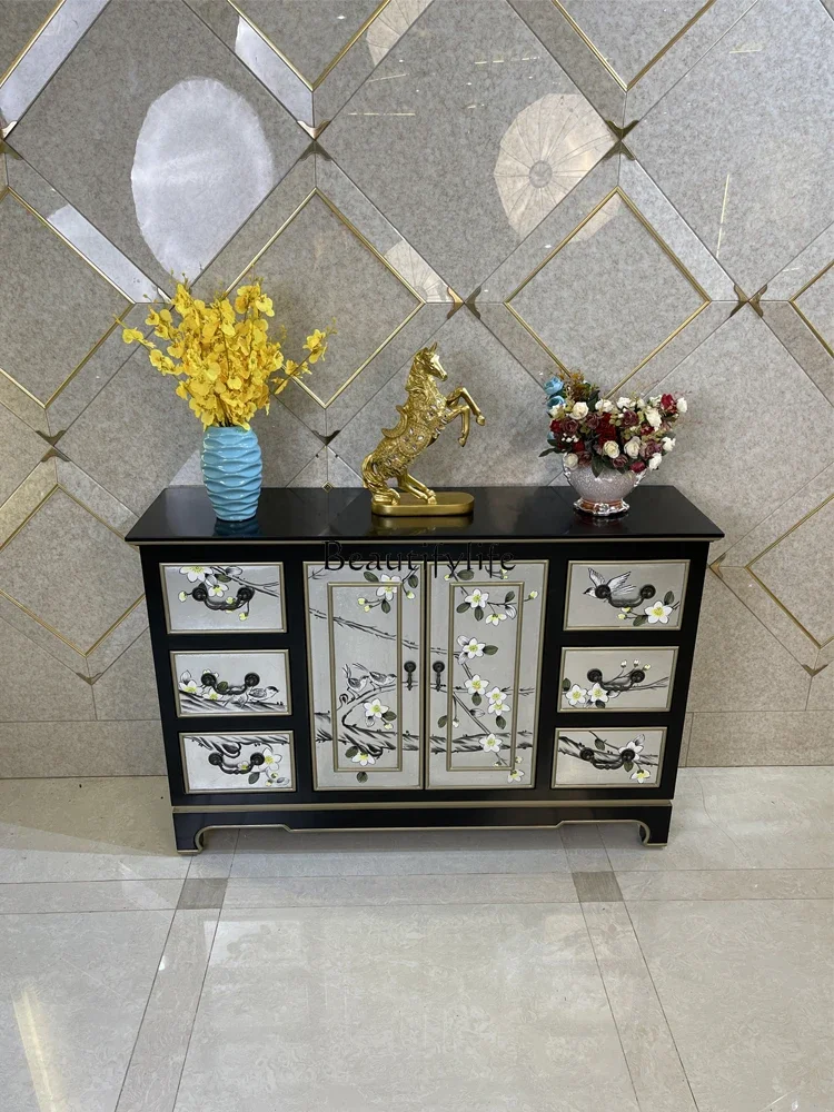 Chinese silver foil painted dining side cabinet, living room entrance entrance partition decorative storage chest