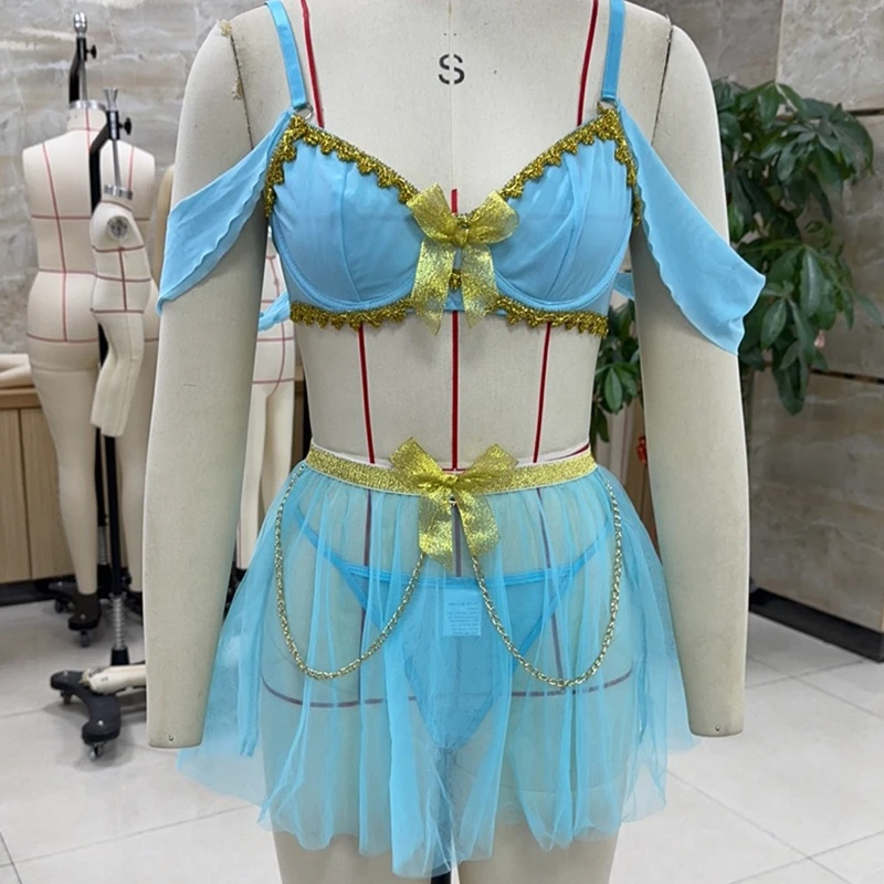 

Women's Cosplay Lingerie Set Cute Short Sleeve Cold Shoulder Mesh Bra with Skirt, Thong 3Pcs Sleepwear