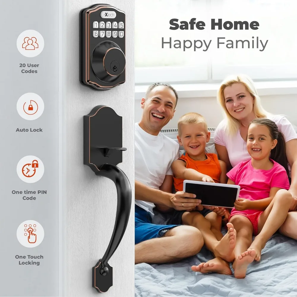 Home Keyless Entry Door Lock Deadbolt with Handle, Fits Standard Right and Left Hand Front Doors, Customizable Button Electroni