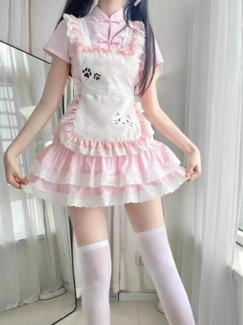 

Maid Lolita Dress Chinese Style shirt + Lace Skirt + Apron 3pcs Set Overalls Dress Set Girl Pink Blue Matching set Women Outfits
