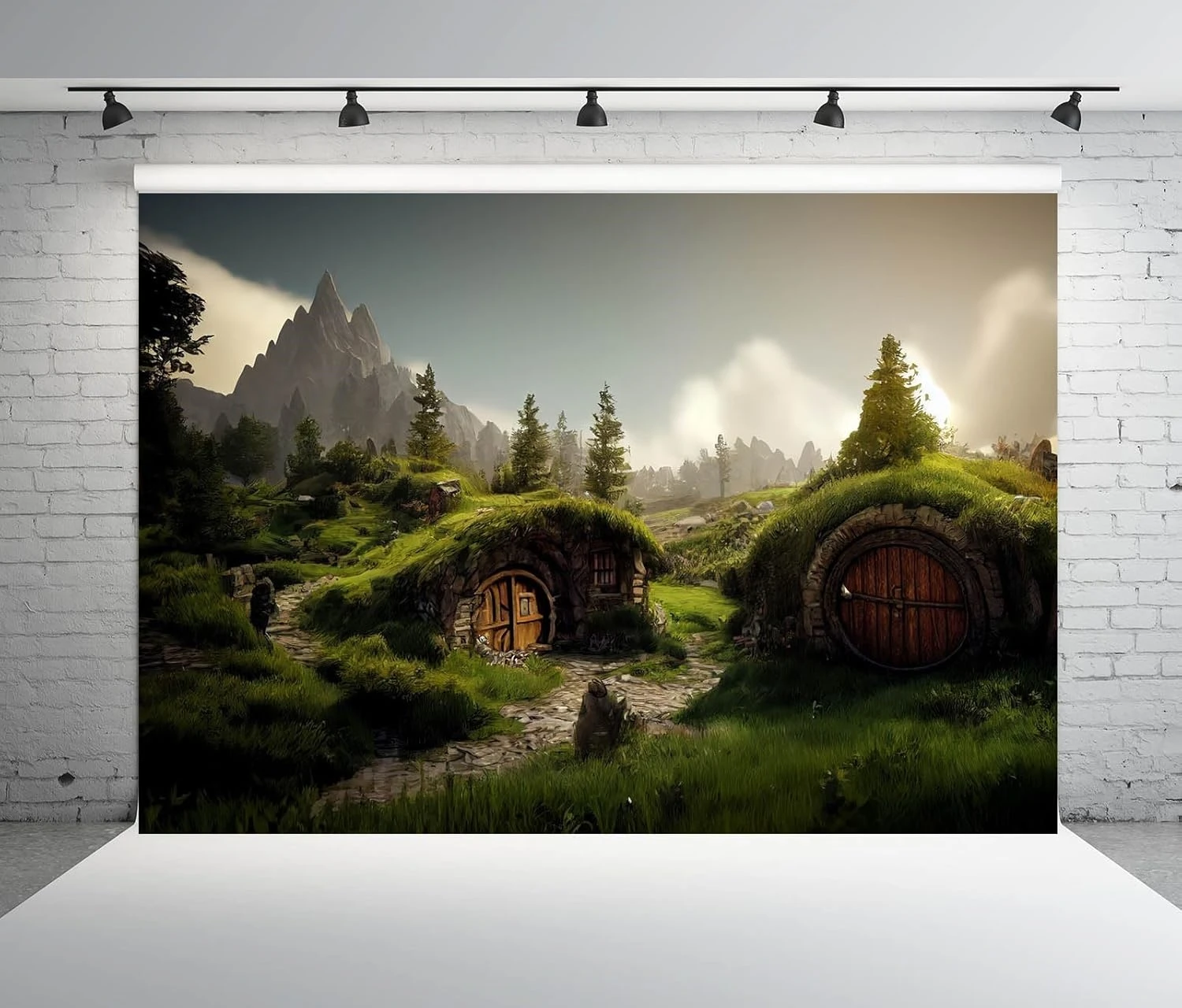 الهوبيت القرون الوسطى قرية الريفية الخضراء المراعي كهف البيت المقصورة الهوبيت الخلفيات الخلابة التصوير خلفيات الاستوديو