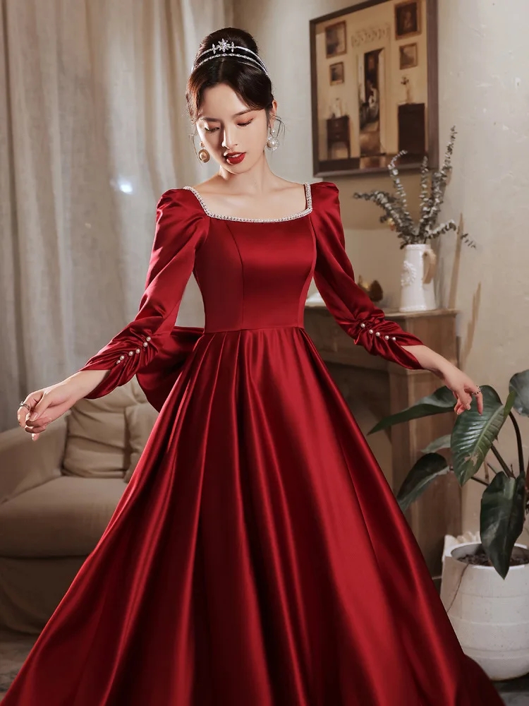 Elegant Square Neck Long Sleeve Evening Dress Burgundy Satin Back Big Bow Sweet Princess Empire A-line Long Homecoming Gonws