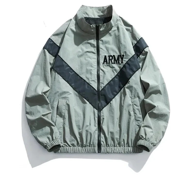 

Spring Autumn Vintage Bomber Jackets for Men's Training Coat Vibe Wind Reflective Hooded Quick-drying Male Grayish Green Jackets