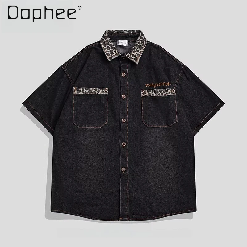 

Summer New American Retro Street Style Men's Leopard Print Splicing Black Short-sleeved Loose Casual Denim Shirt