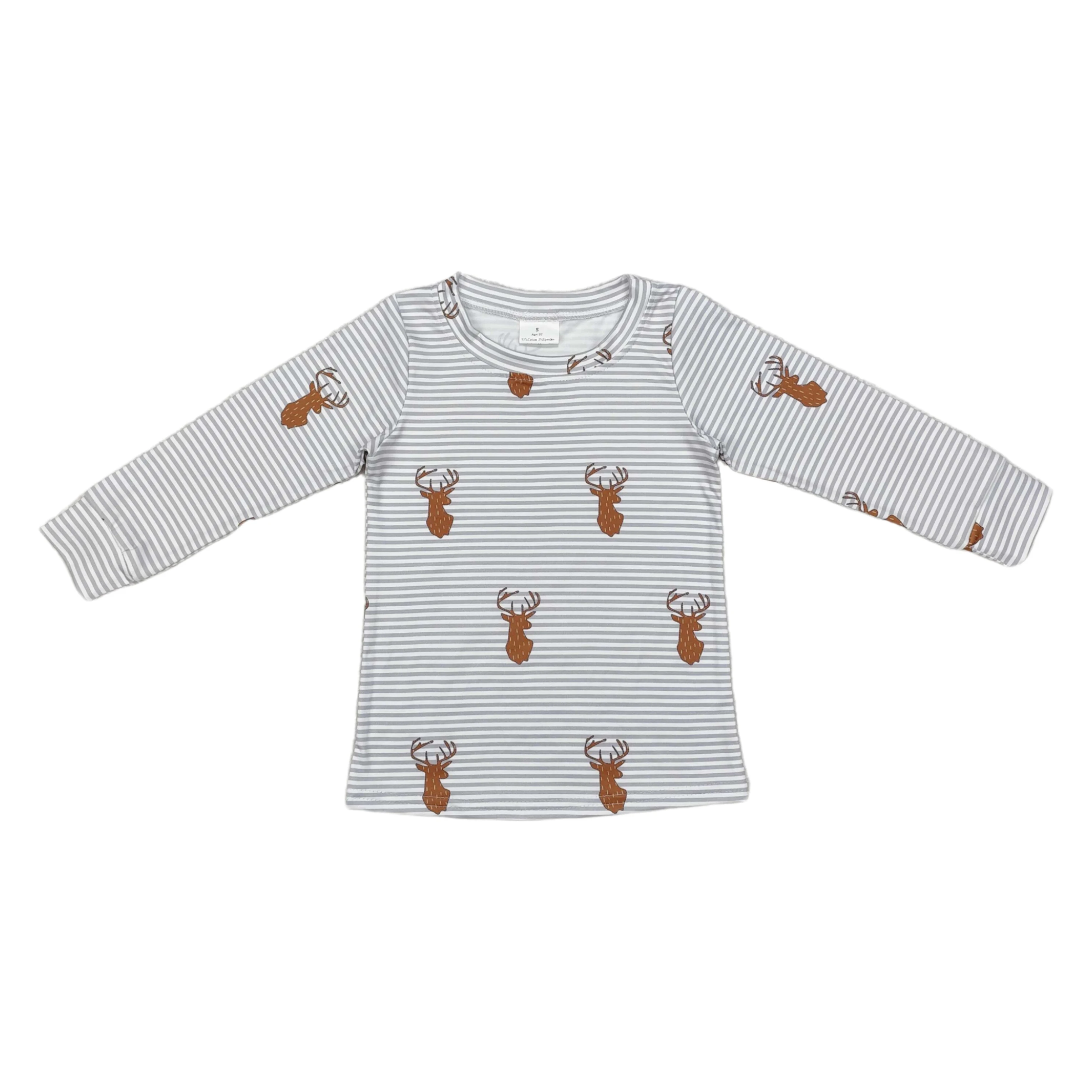 Factory Wholesale Toddler Baby Boy Pullover Tee Long Sleeves Cotton Shirt Kids Clothing Children Deer Brown Striped T-shirts