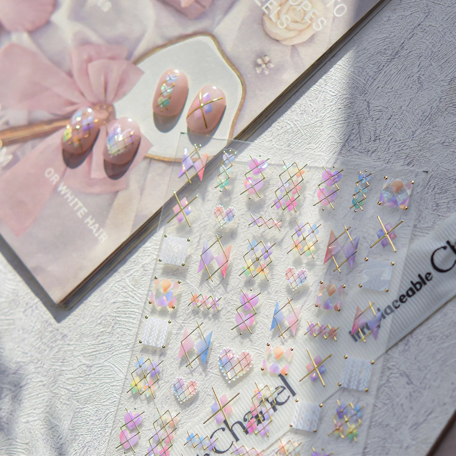 Gold-embossed Nail Art Stickers Luxury Pink Love Heart Checkered Decorative Stickers For Nails Back Adhesive Nail 3D Accessories