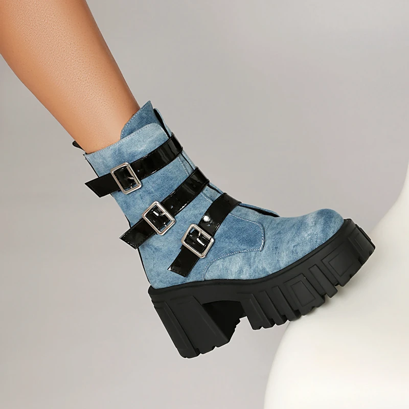 Designer Denim Women Ankle Boots Fashion Elegant Side Zippers Belt Buckle Shoes Thick Soles Woman Platform Morder Short Booties