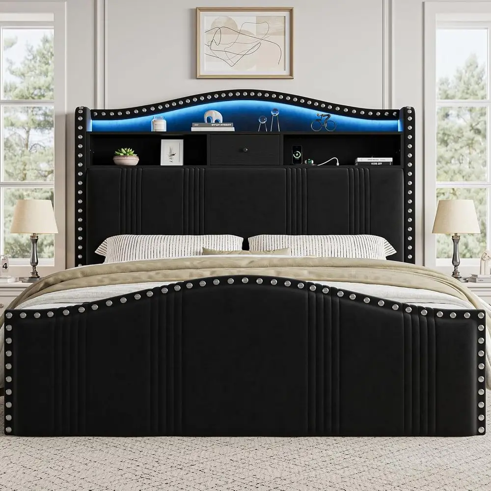 

Бархатная кровать размера «queen-size» с местом для хранения, светодиодной подсветкой и зарядной станцией — коробчатая пружина не требуется.