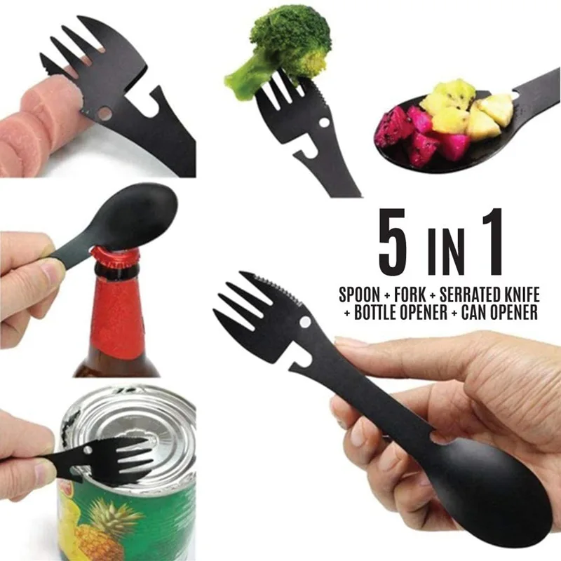 

Outdoor Survival Tools 5 in 1 Camping Multi functional EDC Kit Practical Fork Knife Spoon Bottle/Can Opener