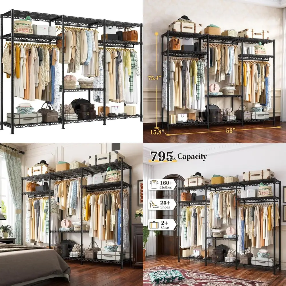 

Heavy-Duty Portable Adjustable Garment Rack for Hanging Clothes, Holds Up to 795LBS, 56W x 16D x 75H