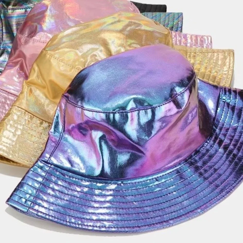 Leather Luminous Bucket Hat Single Sided Wide Brim Laser Rainbow Fisherman Hat Solid Color Silver Shiny Sun Cap Hip Hop Street