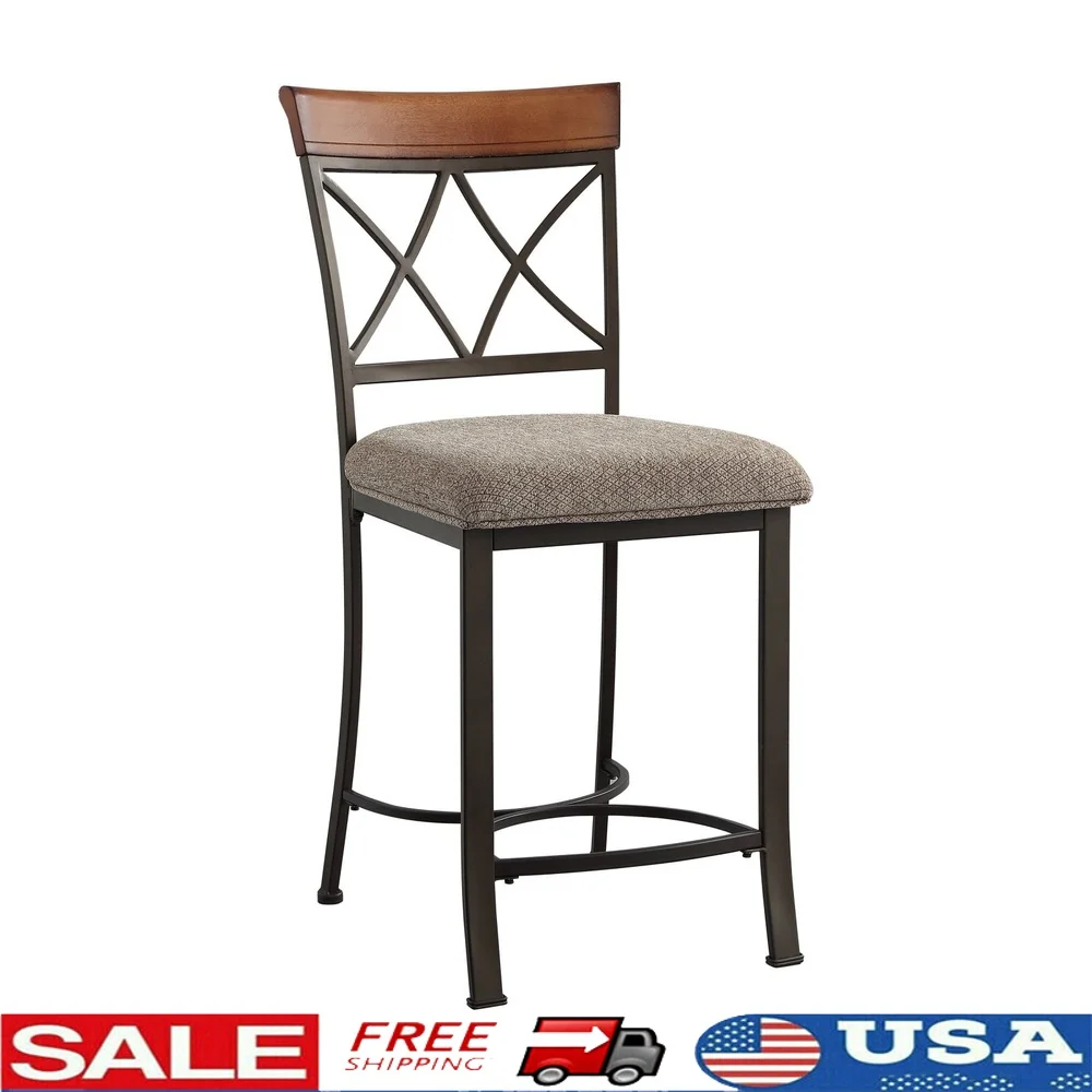 

Hamilton Metal Counter Stool Padded Seat Diamond Back Wood Trim Matte Pewter Dining Kitchen Bar Room Assembly Required