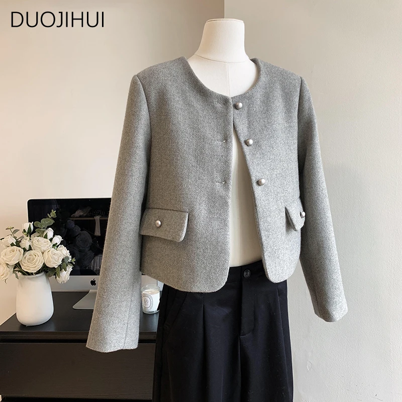 

DUOJIHUI Dark Grey Classic O-neck Elegant Loose Women Jackets Spring New Basic Single Breasted Fashion Pure Color Female Jackets