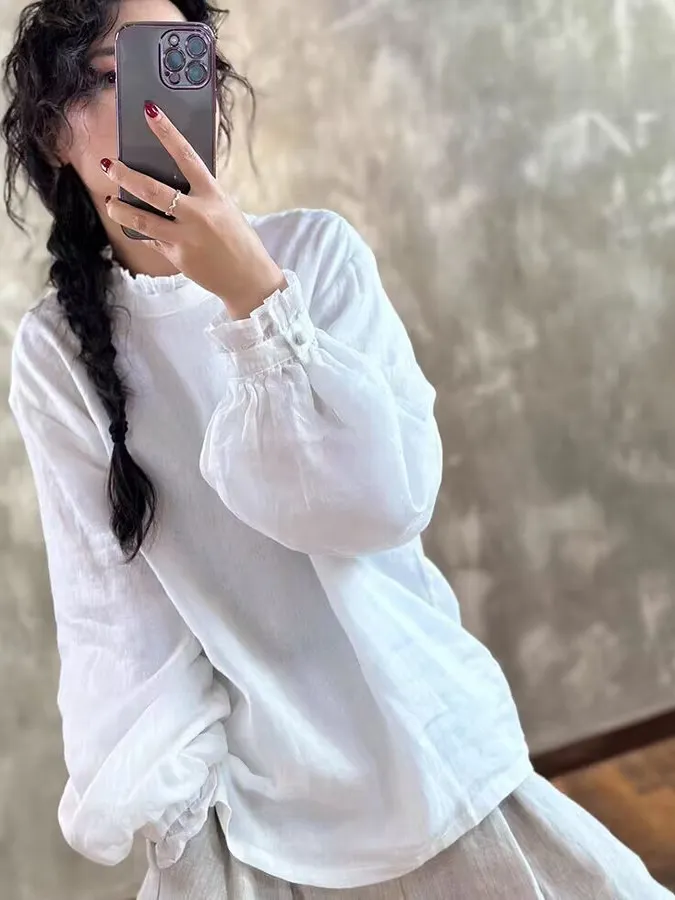Retro Long Sve Flax irt Women's Spring Faion Versatile Loose Slimming Lace Collar Linen Top Girls' Regular Fit Outerwear