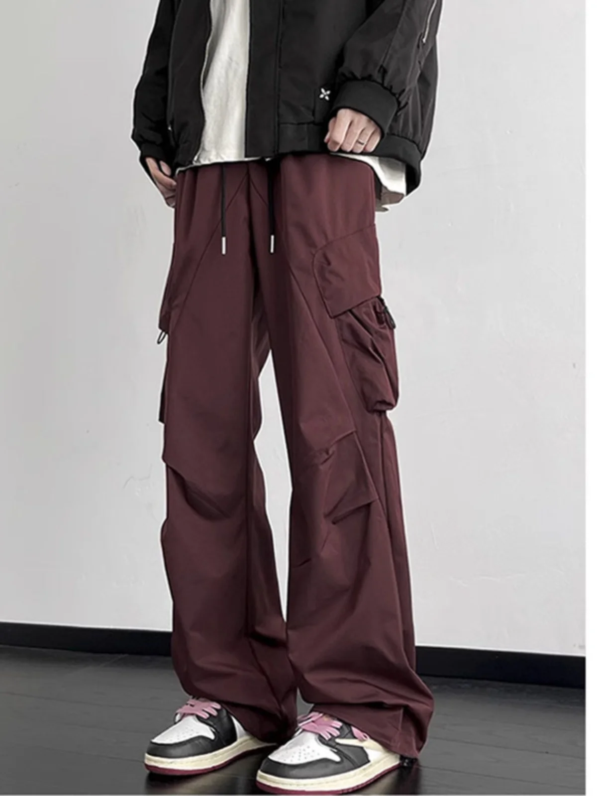 

Вельветовые рабочие брюки, мужские осенние винно-красные брюки с большими кетами, повседневные длинные брюки, свободные леггинсы для пары, молодежная мода