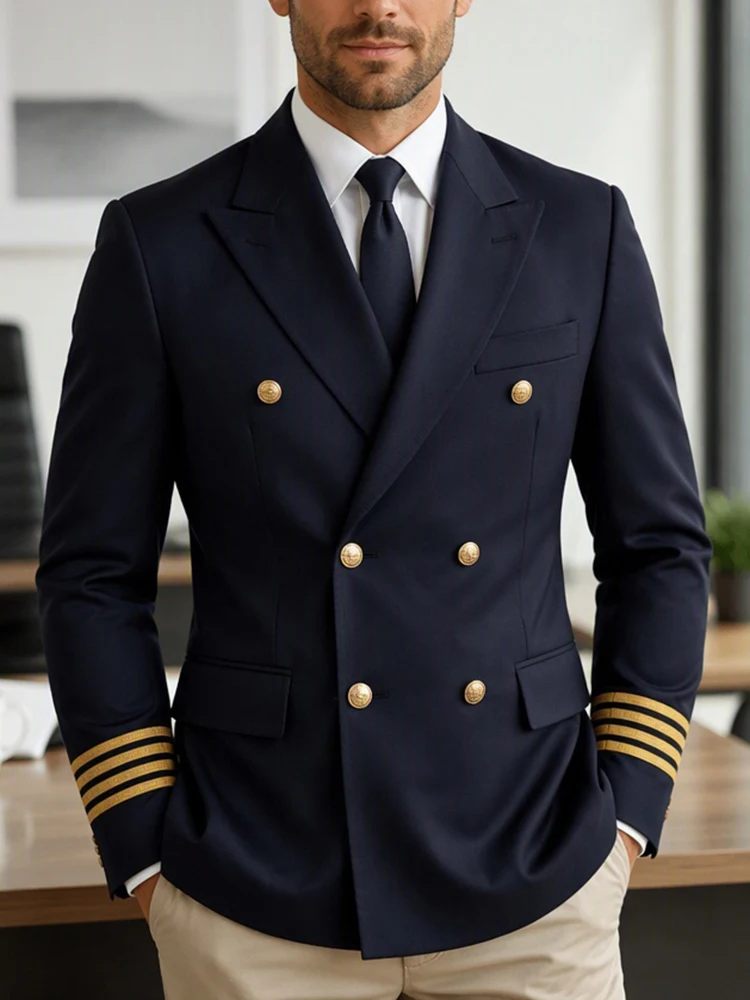 Men's Double Breasted Blazer Contrast Stripe Decor Notched Lapel Slim Fit Suit Jacket Fashion Party Office Business Male Coat