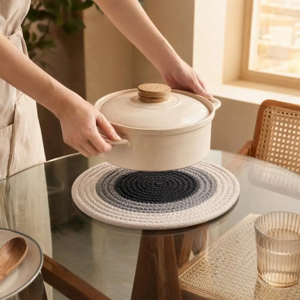 Glass Table Heat Pad Dining Table Heat Mat Cotton Rope Coaster Set Color Block Heat Insulation Mat Thickened Potholder for Hot
