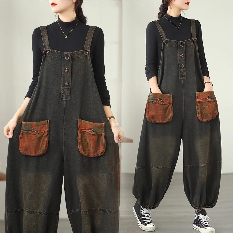 Autumn Soft Denim Retro Embroidery Jeans Jumpsuit Ethnic Style Elastic waist Versatile Casual Large Size Wide Leg Pants w558