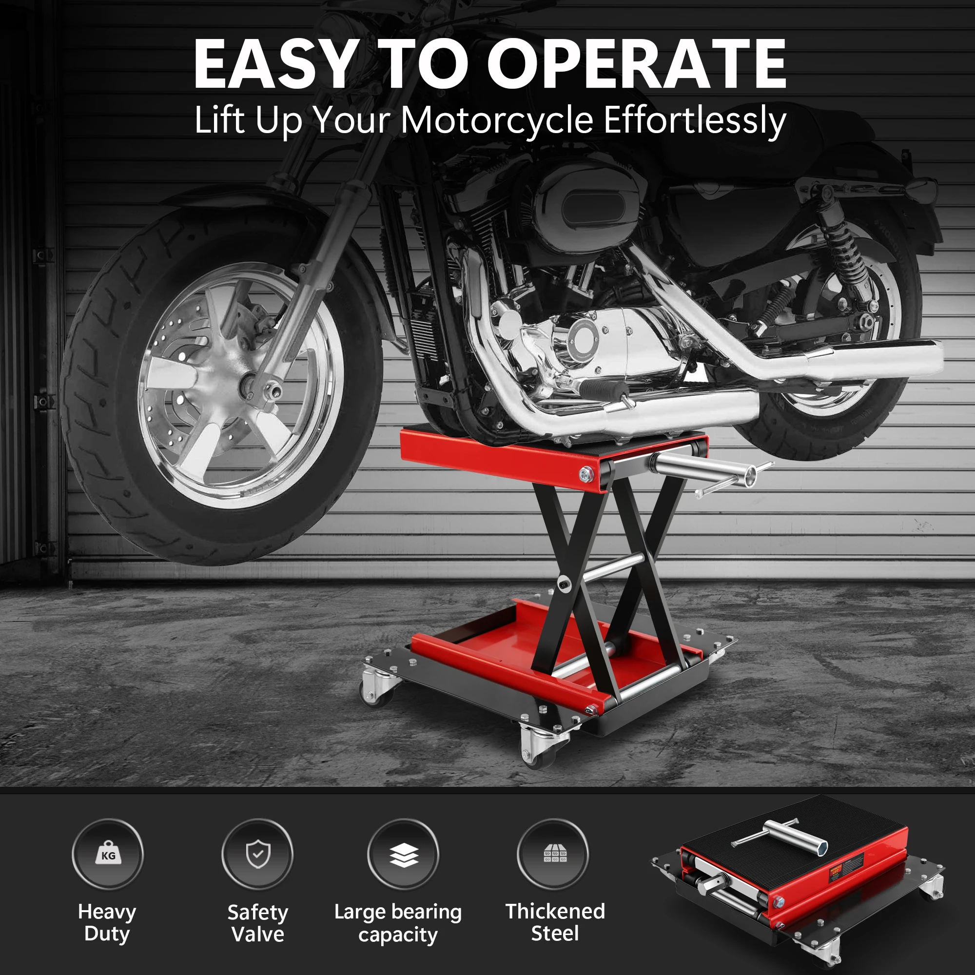 Motorcycle Lift, 1100 LBS Motorcycle Lift ATV Scissor Lift Jack with Dolly & Hand Crank, Center Hoist Crank Stand with Wide Deck