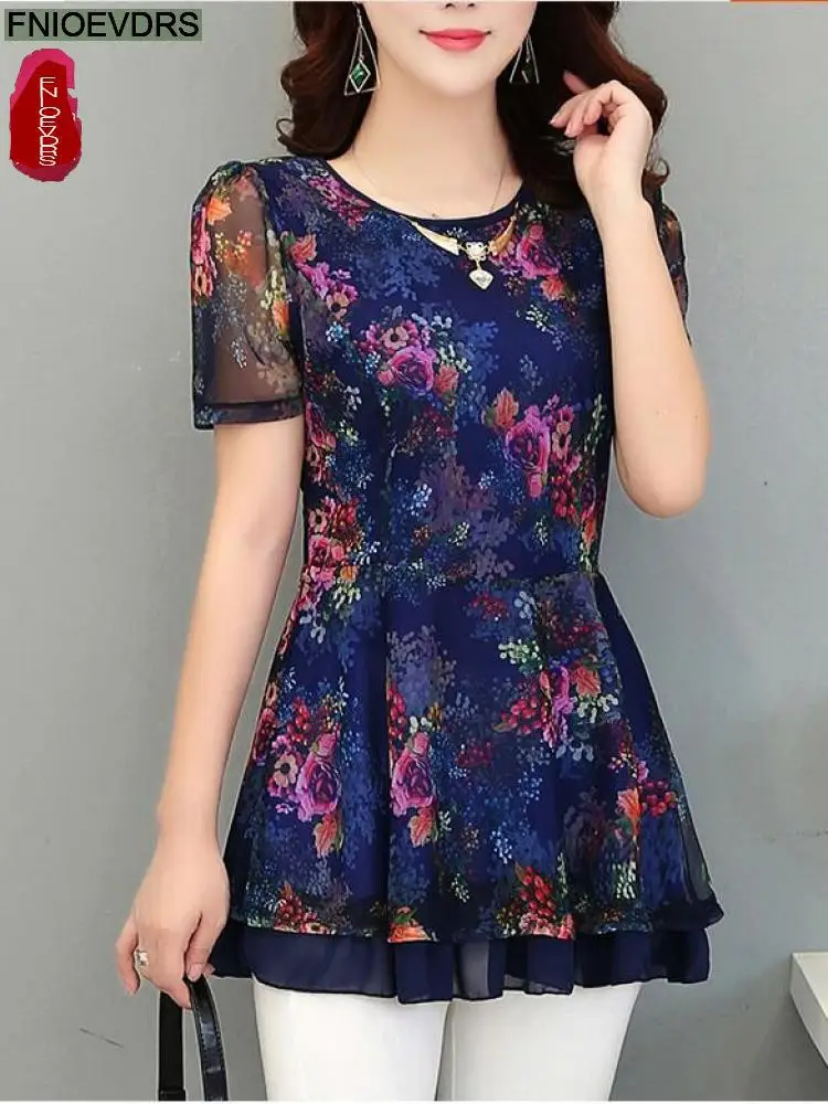 2022 Summer Short Sleeve Loose Lazy Clothes Floral Women Vintage Blouses Long Shirt Female Casual Peplum Tunic Retro Sequin Tops