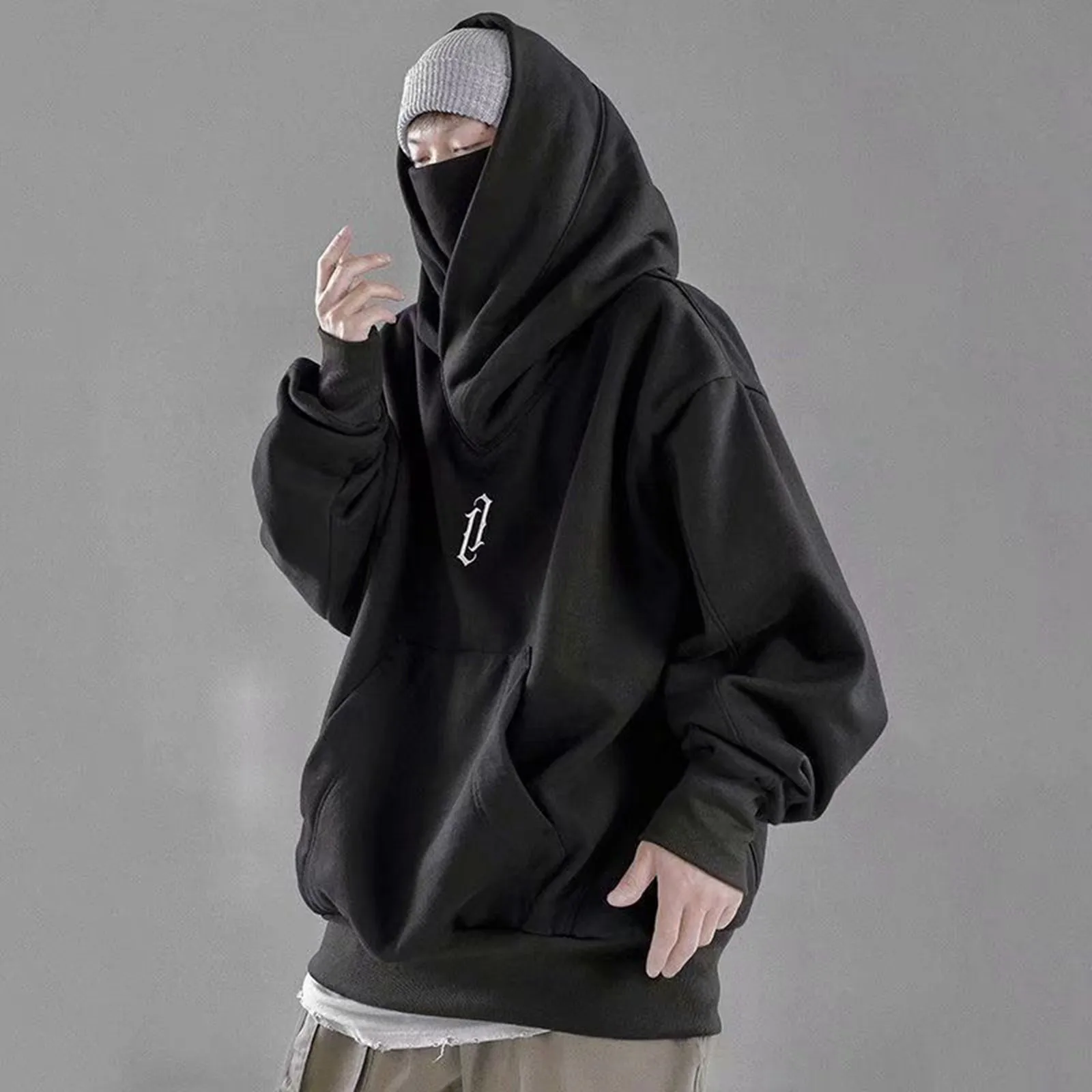 Man Vinatge Turtleneck Hooded Sweatshirt Gothic Punk Hip Hop Street Long Sleeve Pockets Pullovers Tops Autumn Winter Warm Clothe