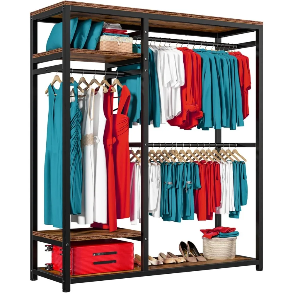 Raybee Free Standing Closet Organizer Clothes Rack Heavy Duty Clothing Rack with Shelves, Wardrobe Closet Adjustable Clothing