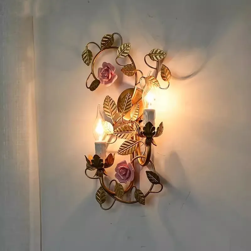 French Retro Ceramics Rose Wall Lamps Pastoral Romantic Living Room Background Bedside Wall Lights Kitchen Illumination Fixtures