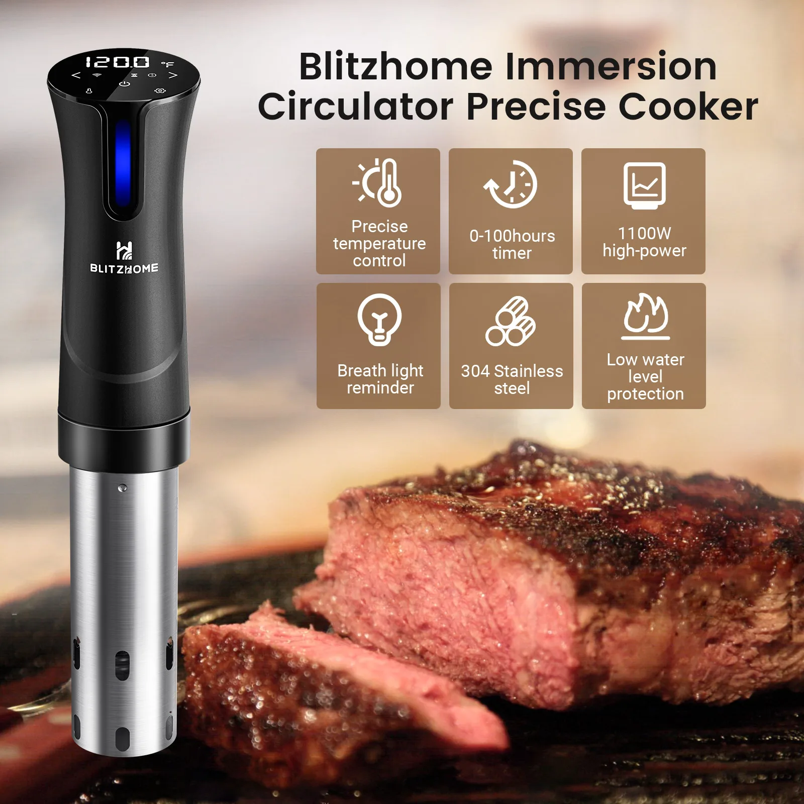 BlitzHome SV2209 1100 واط Sous Vide Cooker WIFI APP التحكم آلة توزيع الغمر الحراري مع شاشة الكريستال السائل الرقمية الوقت الاتحاد الأوروبي #2
