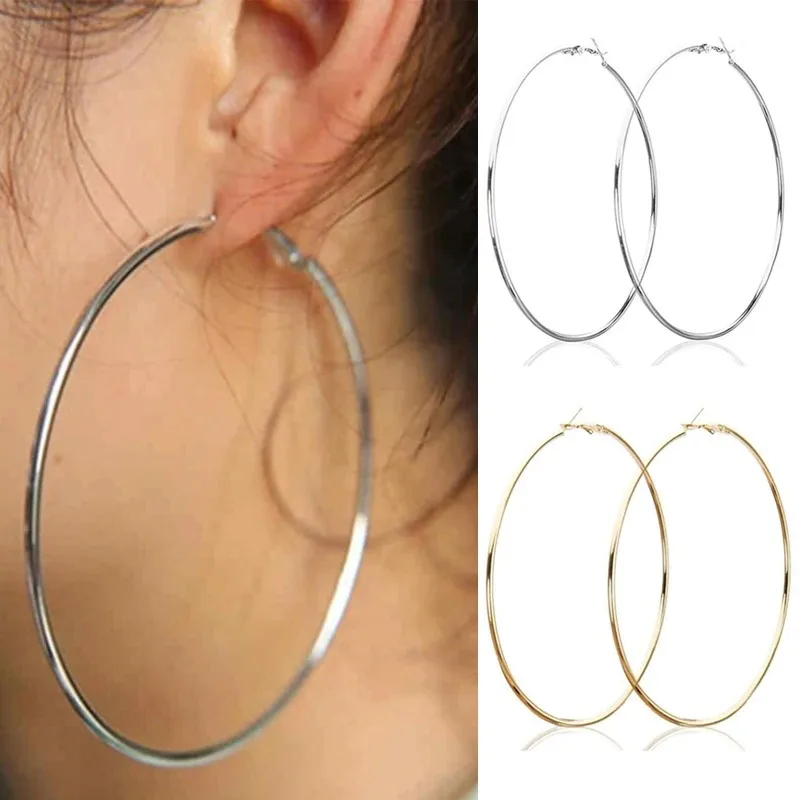 2pcs 30-100mm Small Big Circle Hoop Earrings for Women Men, Stainless Steel Ear Ring Fashion Jewelry Gift Nightclub DJ