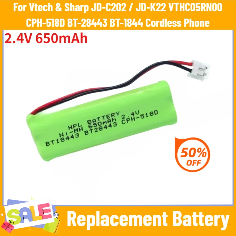 2.4V 650mAh Battery for Vtech & Sharp JD-C202 / JD-K22 VTHC05RN00 CPH-518D BT-28443 BT-1844 Cordless Phone Replacement Battery