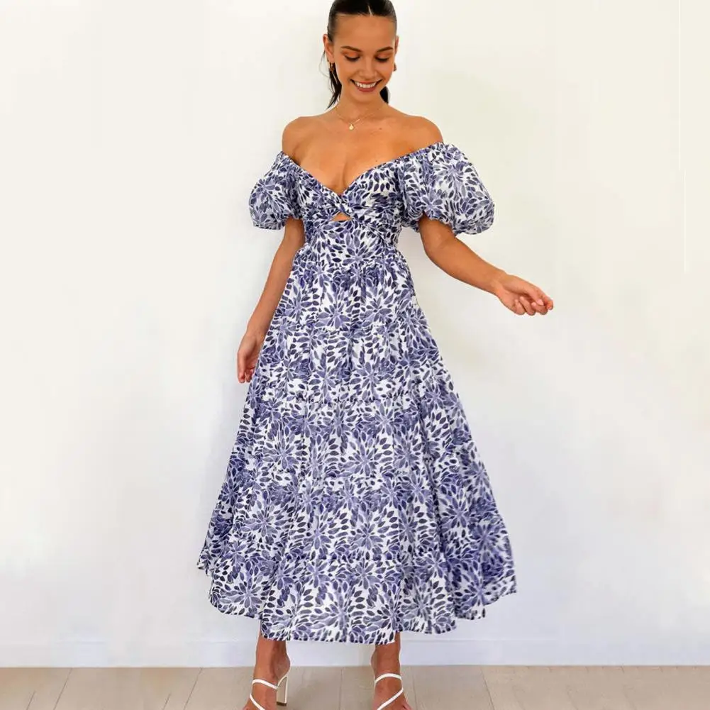 Women  Dress Bubble Sleeves Colorful Print Summer Dresses A-line Big Hem Patchwork Hollow Out Pleated Vacation Beach Maxi Dress