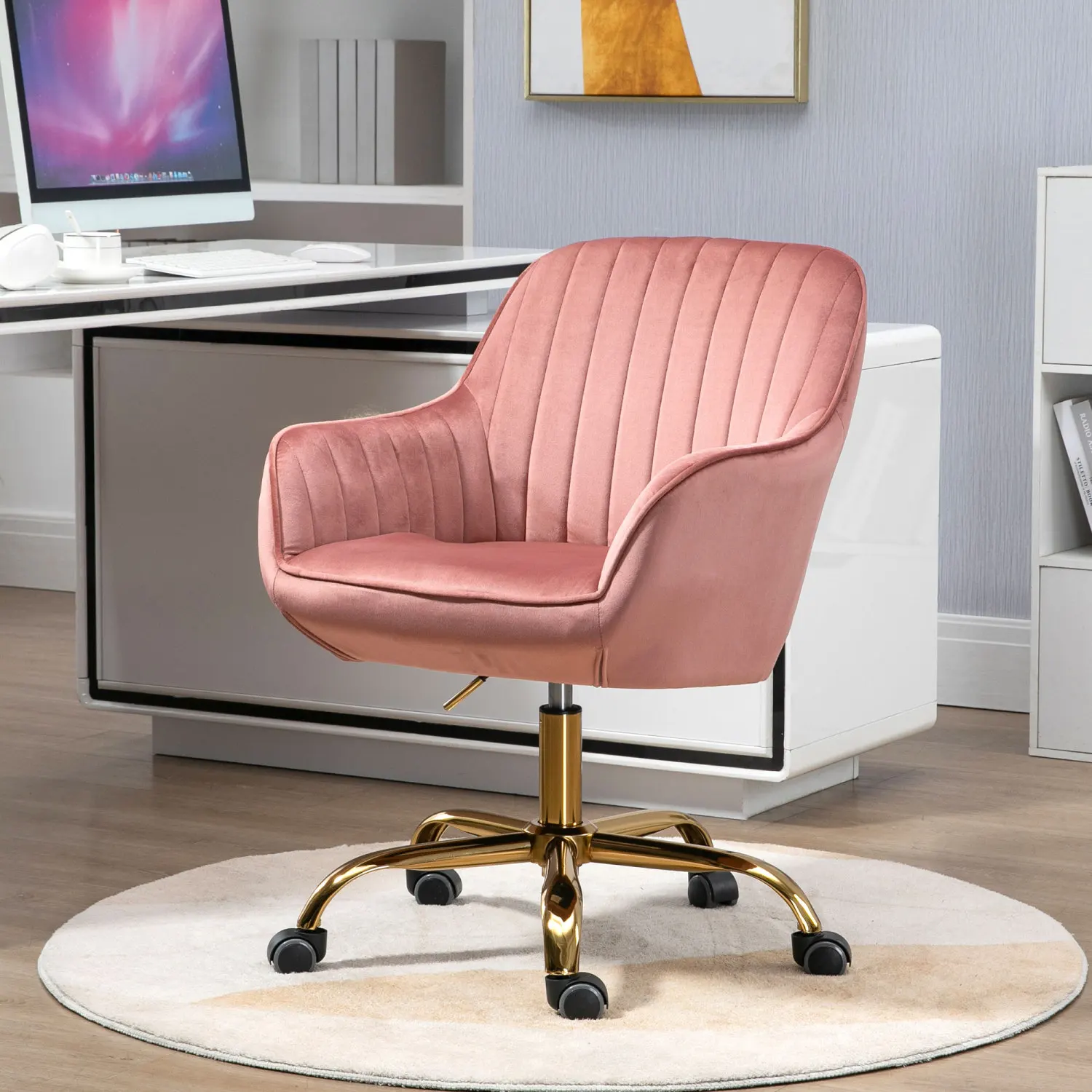 

360° Pink Velvet Swivel Chair, High Back Office Chair with Adjustable Height and Golden Base