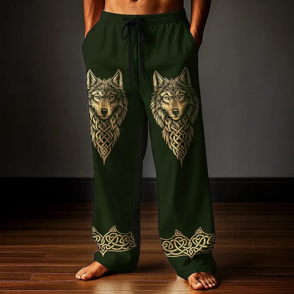 Gerade Herrenhose, lockere Passform, 3D-Wolf-Druck, lässig, weites Bein, Polyester, geeignet für Jugendliche und Erwachsene